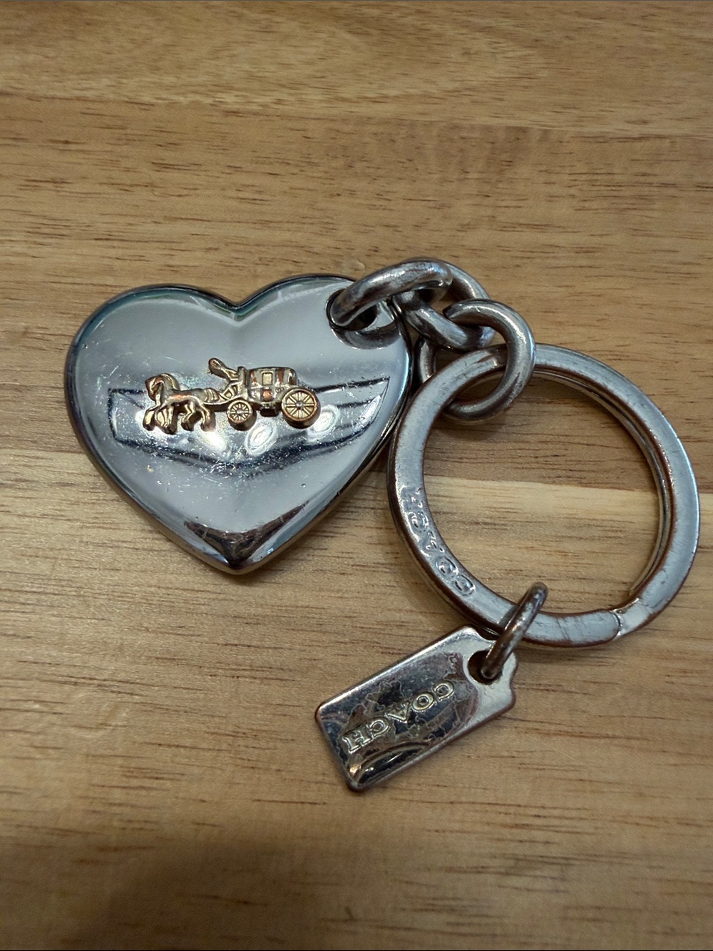 Coach Silver Heart Keyring with Gold Carriage Emblem